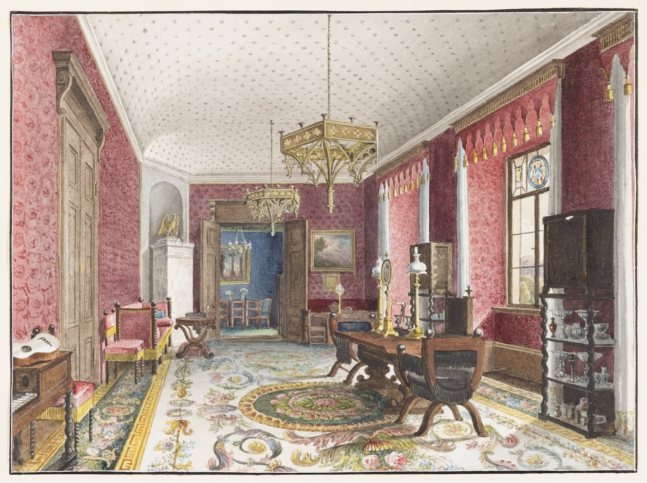 Röda rummet, Schloss Fischbach, ca. 1846 av Friedrich Wilhelm Klose