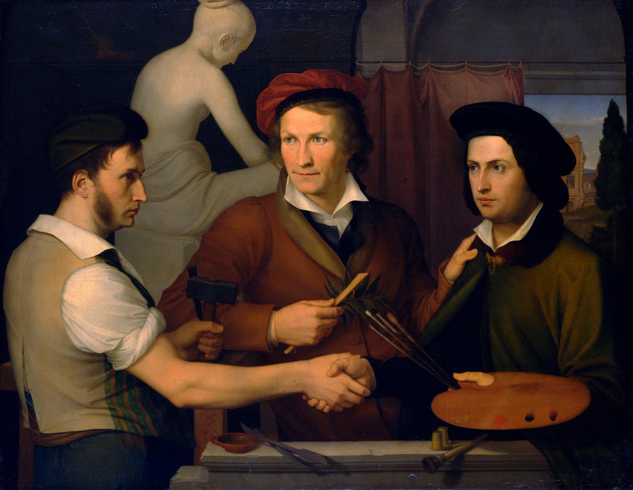 Självporträtt med sin bror Ridolfo och Bertel Thorvaldsen, 1815-1816. av Friedrich Wilhelm von Schadow