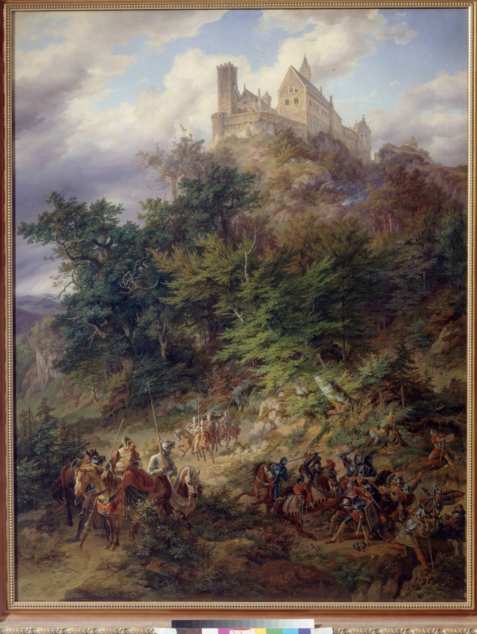 Landskap med riddare (The Wartburg) av Preller, Friedrich, den äldre (1804-1878). Olja på duk av Friedrich the Elder Preller