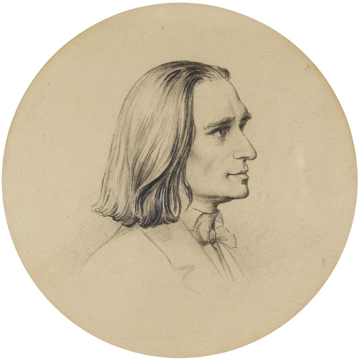Porträtt av kompositören Franz Liszt (Porträtt av kompositören Franz Liszt (1811-1886)) teckning av Friedrich Preller den äldre (1804-1878) Diam 14,5 cm Privat samling av Friedrich the Elder Preller