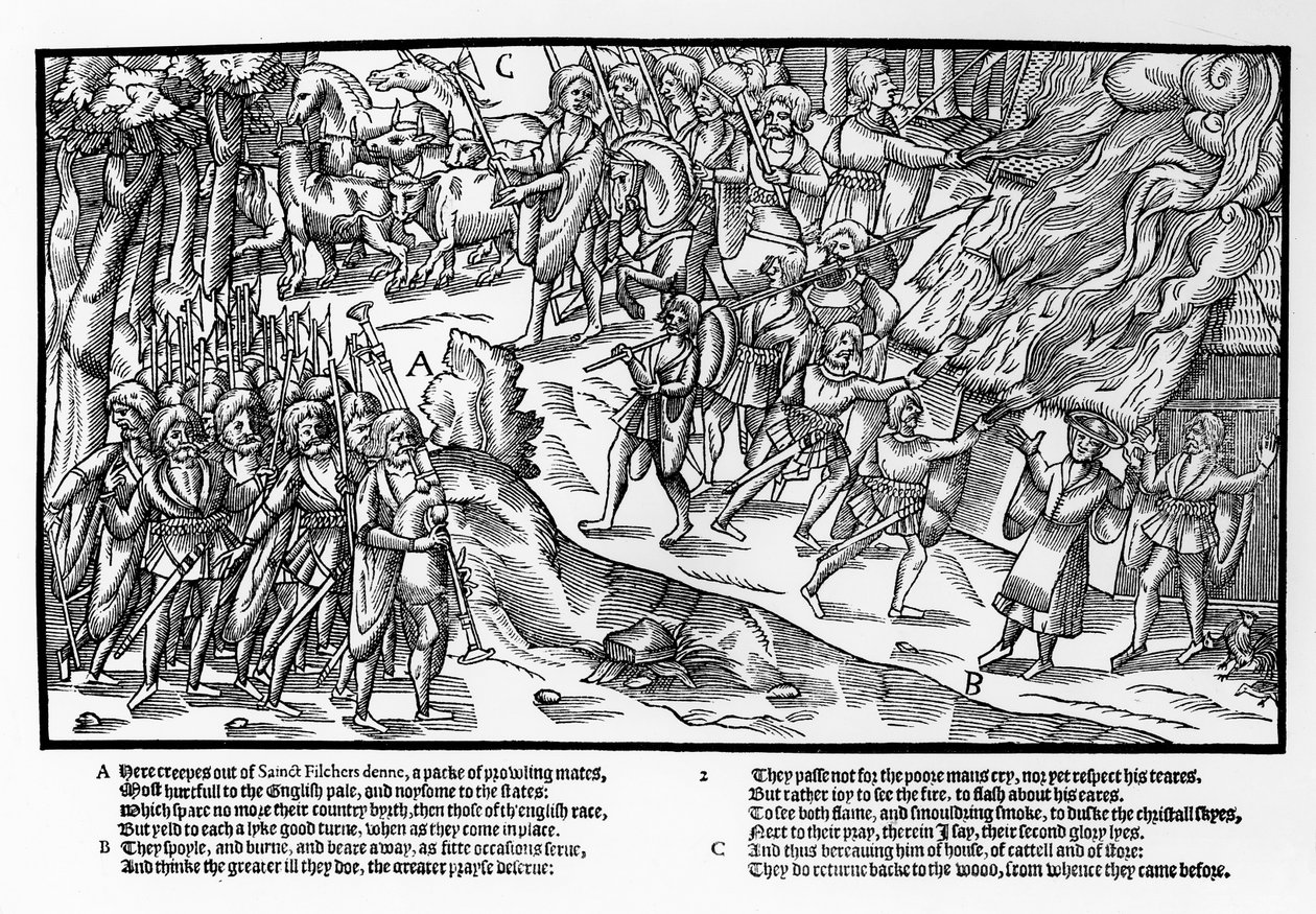Ett beväpnat kompani av kerne, med hellebarder och pikar och ledda av en piper, attackerar och bränner en bondgård och driver bort hästar och boskap, plansch 2 ur "The Image of Ireland" av John Derricke av Friedrich van Hulsen