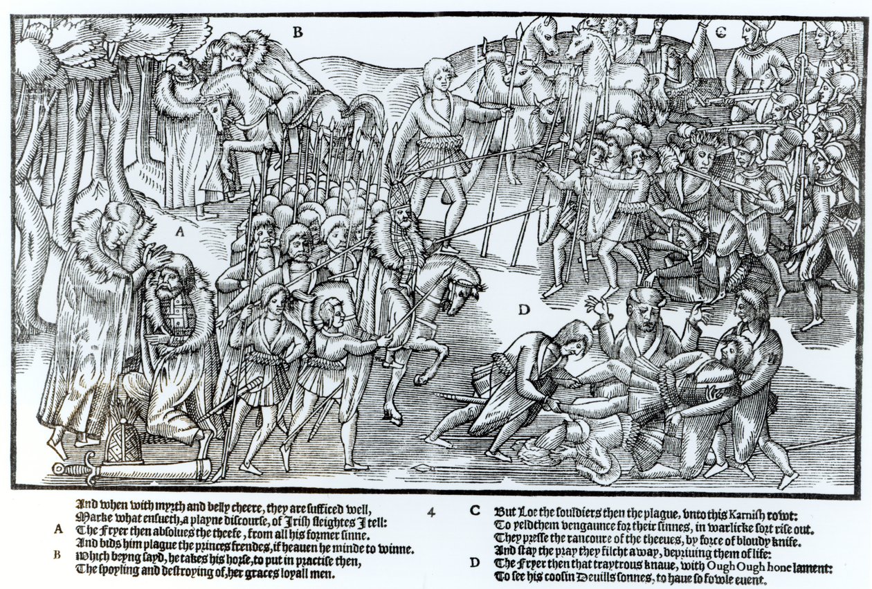 Den irländske hövdingen får prästens välsignelse innan han ger sig av för att slåss mot engelsmännen, som visas i full rustning, tavla 4 från "The Image of Ireland" av John Derricke, 1581. av Friedrich van Hulsen