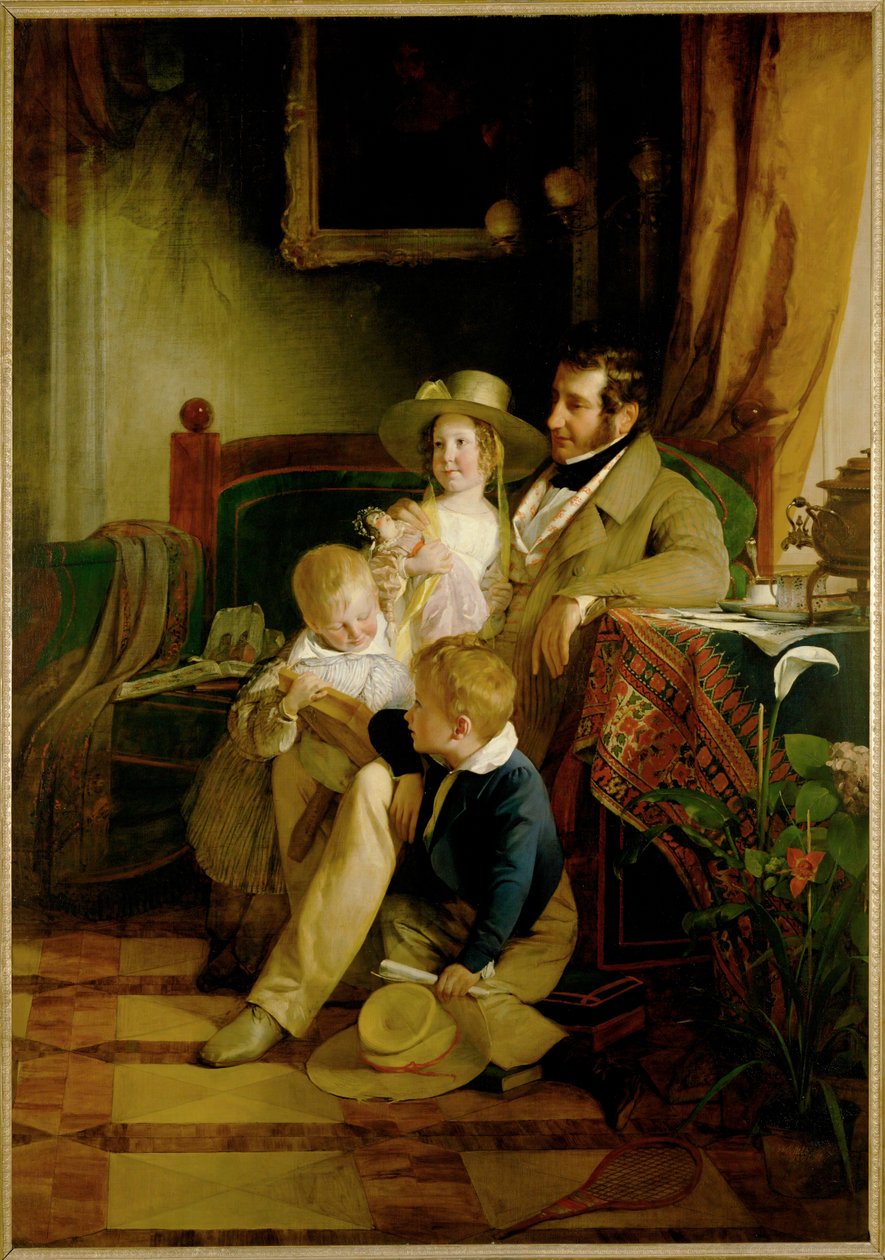 Rudolf von Arthaber och hans barn Rudolf Emilie och Gustav, tittar på bilden av sin döda fru och mor ... (målning på duk) av Friedrich von Amerling
