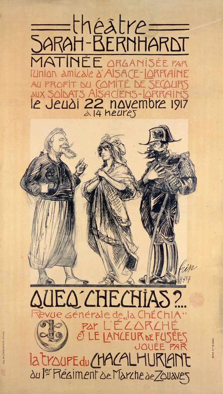 Affisch som annonserar en Benefit Matinée-föreställning på Sarah Bernhardt Theatre, Paris, för att hjälpa soldater från Alsace-Lorraine, 1917 av Frip