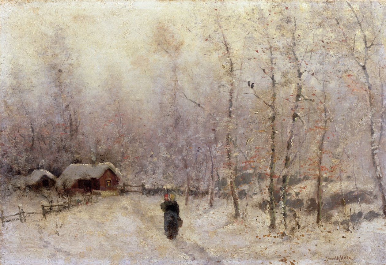 Kvinna med barn i vinterlandskap (olja på duk) av Frithjof Smith Hald