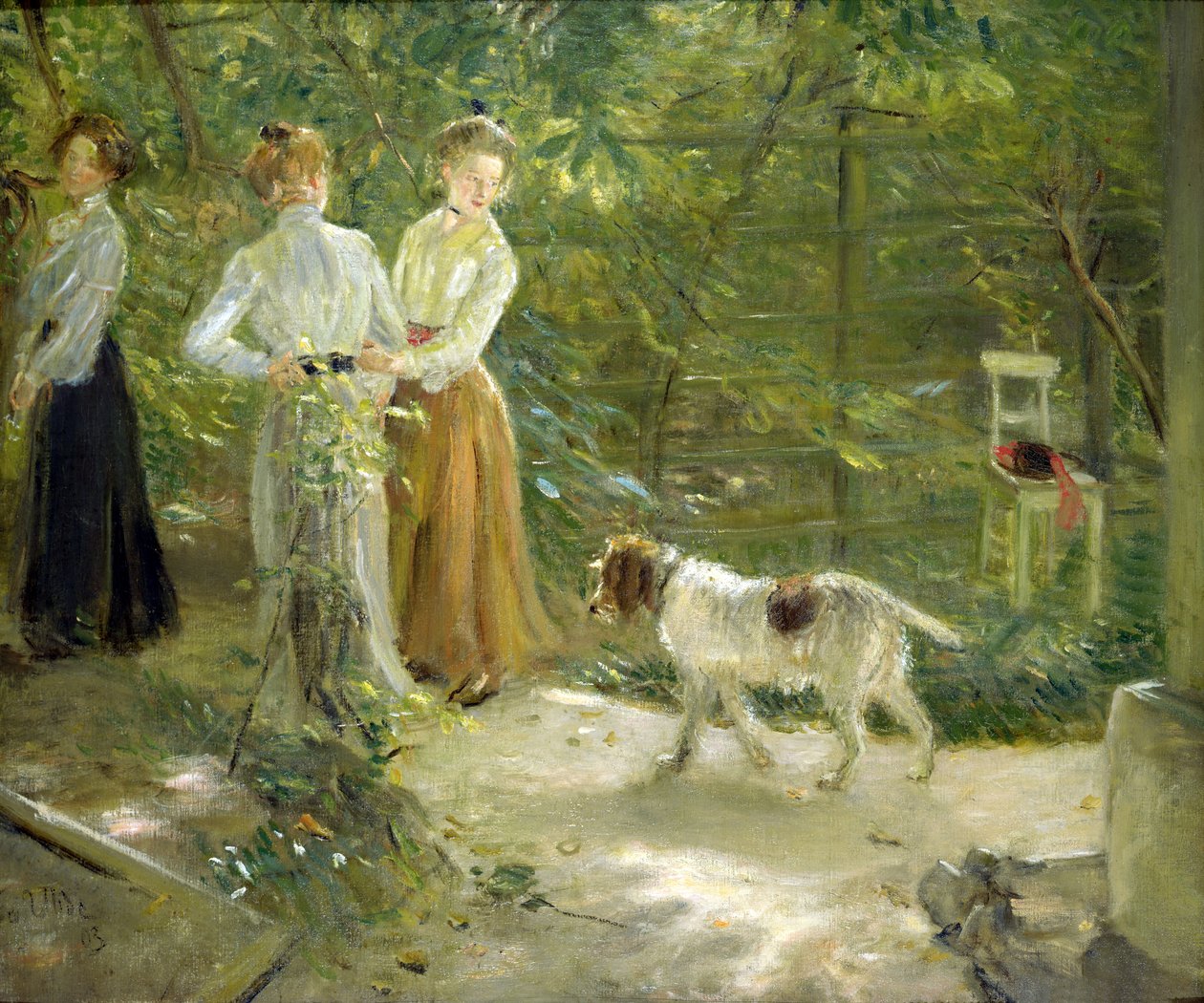 Utsikt över konstnärens trädgård med hans döttrar, 1903 av Fritz von Uhde