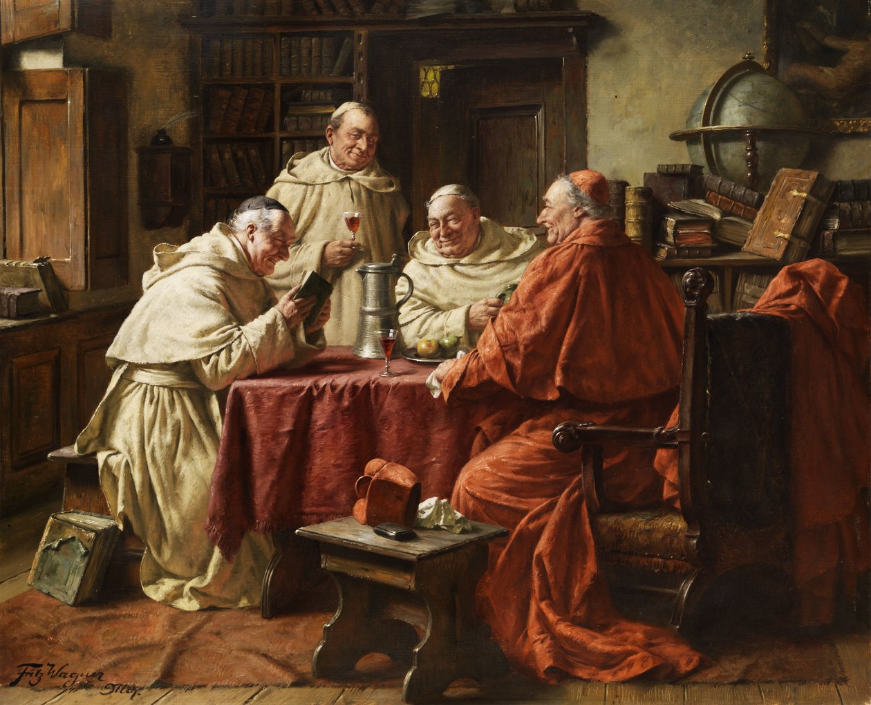 Kardinal mit Mönchen in einer Klosterbibliothek. av Fritz Wagner