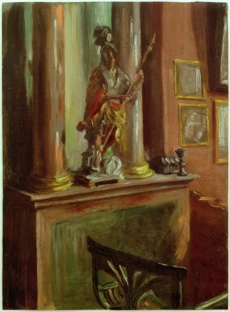 Studio Scene med en barock statyett av Saint George av Fritz von Uhde