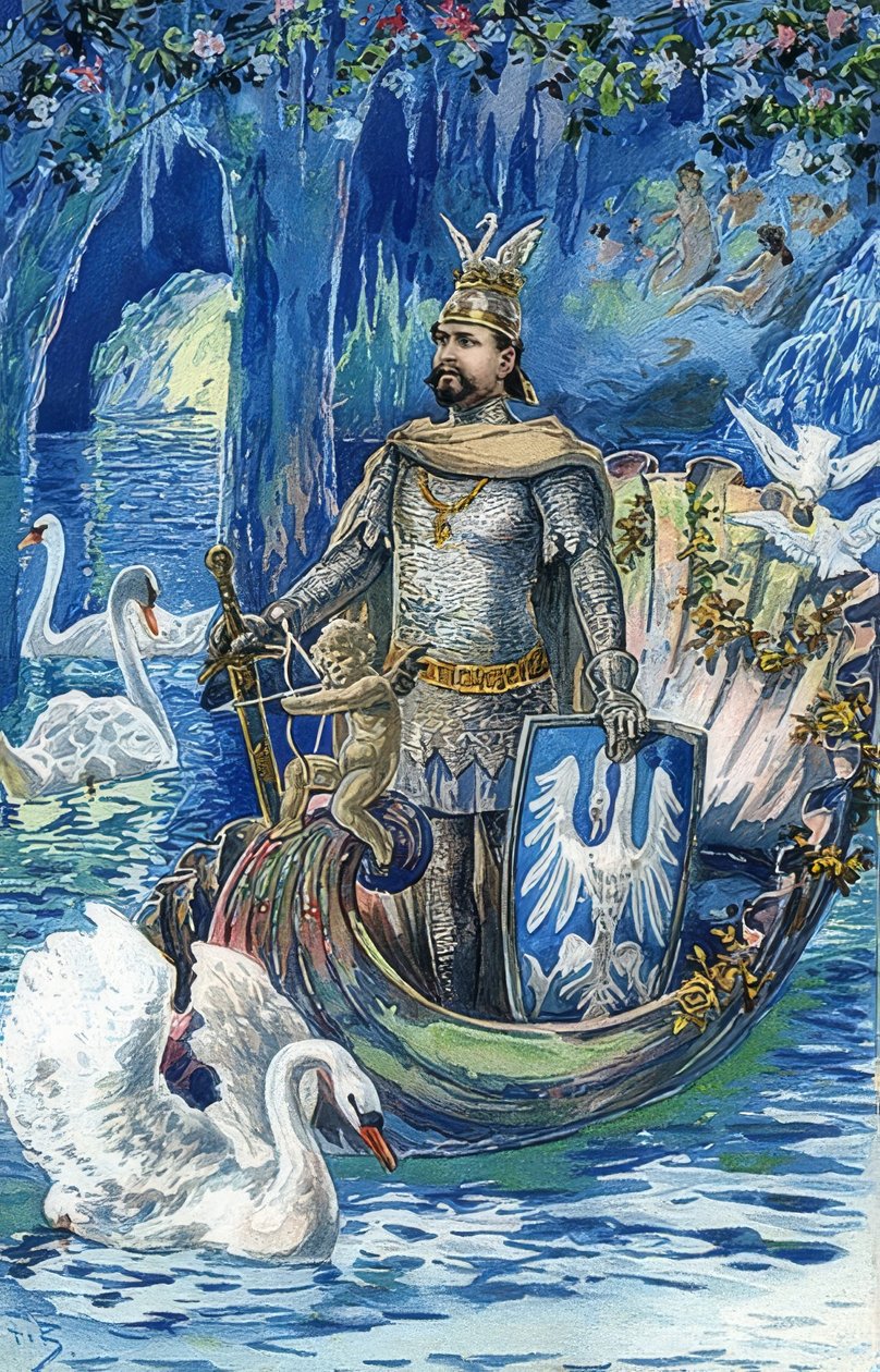 Kung Ludwig II som Lohengrin i den blå grottan i Linderhofpalatset. Omkring 1900 av Fritz Bergen