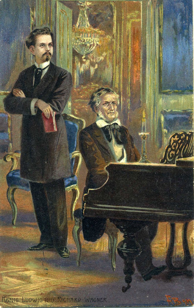 Wagner och kung Ludwig II, ca 1900 (färg litho) av Fritz Bergen