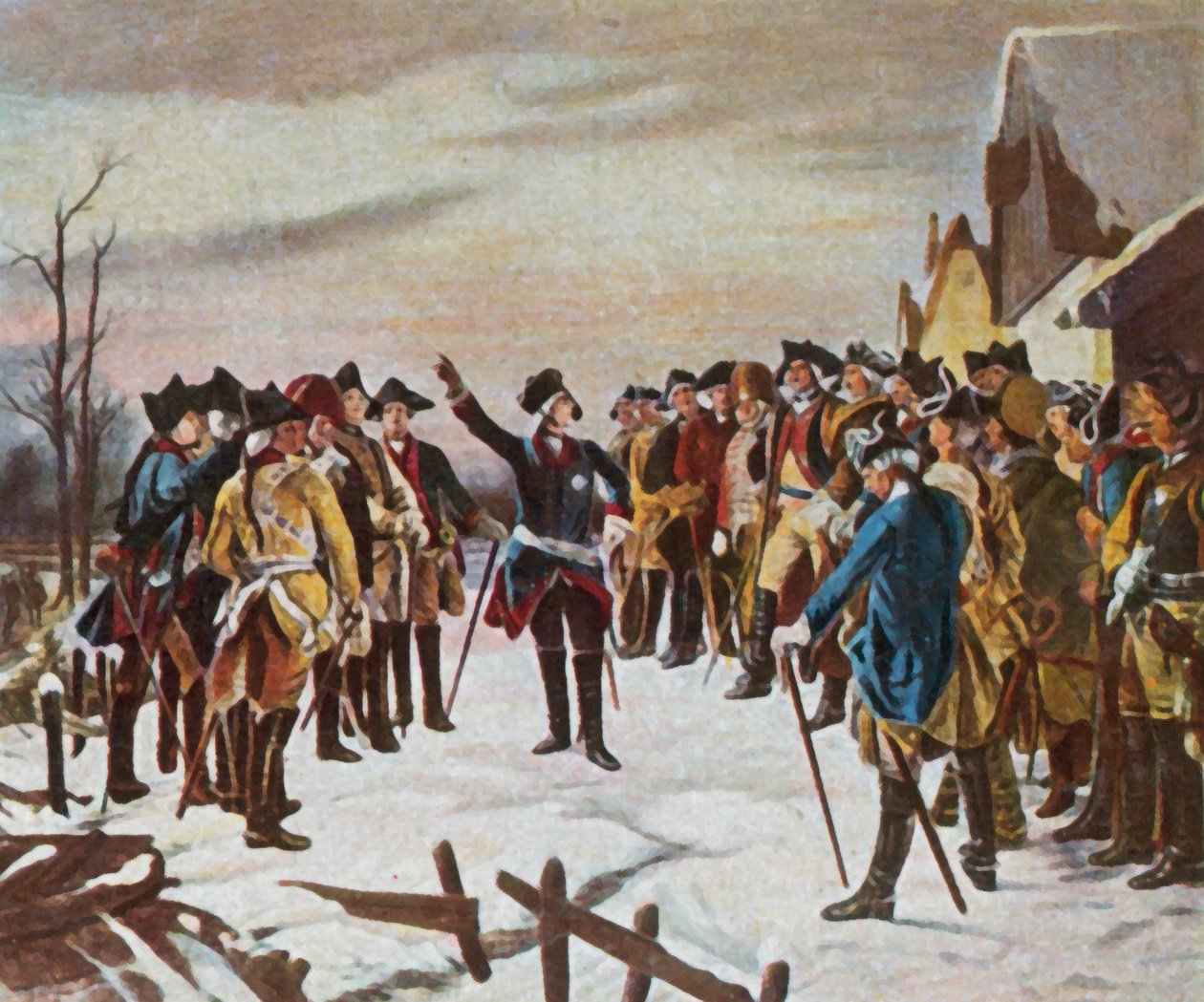 Fredrik den stores tal till sina generaler kvällen före slaget vid Leuthen, 5 december 1757 (förstärkt färglitografi) av Fritz Roeber