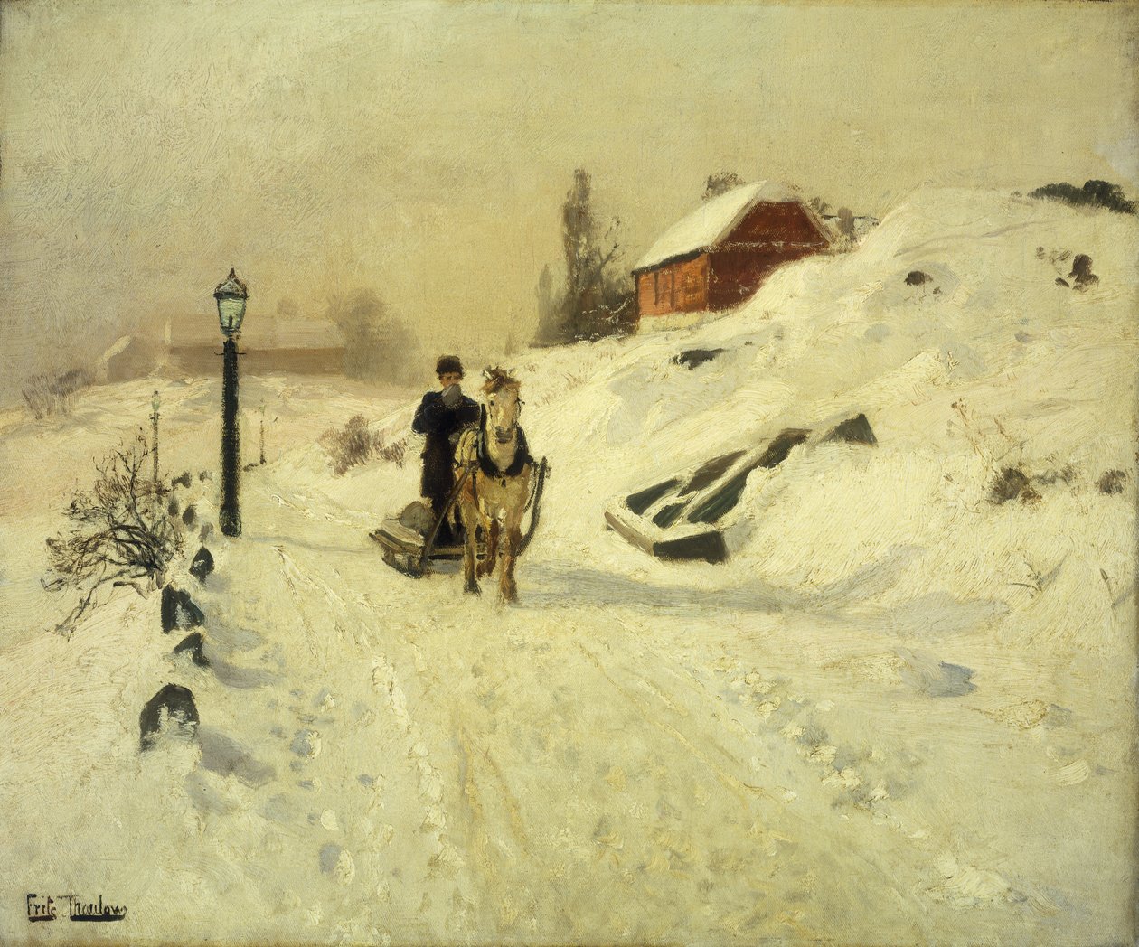 En hästdragen släde i ett vinterlandskap av Frits Thaulow