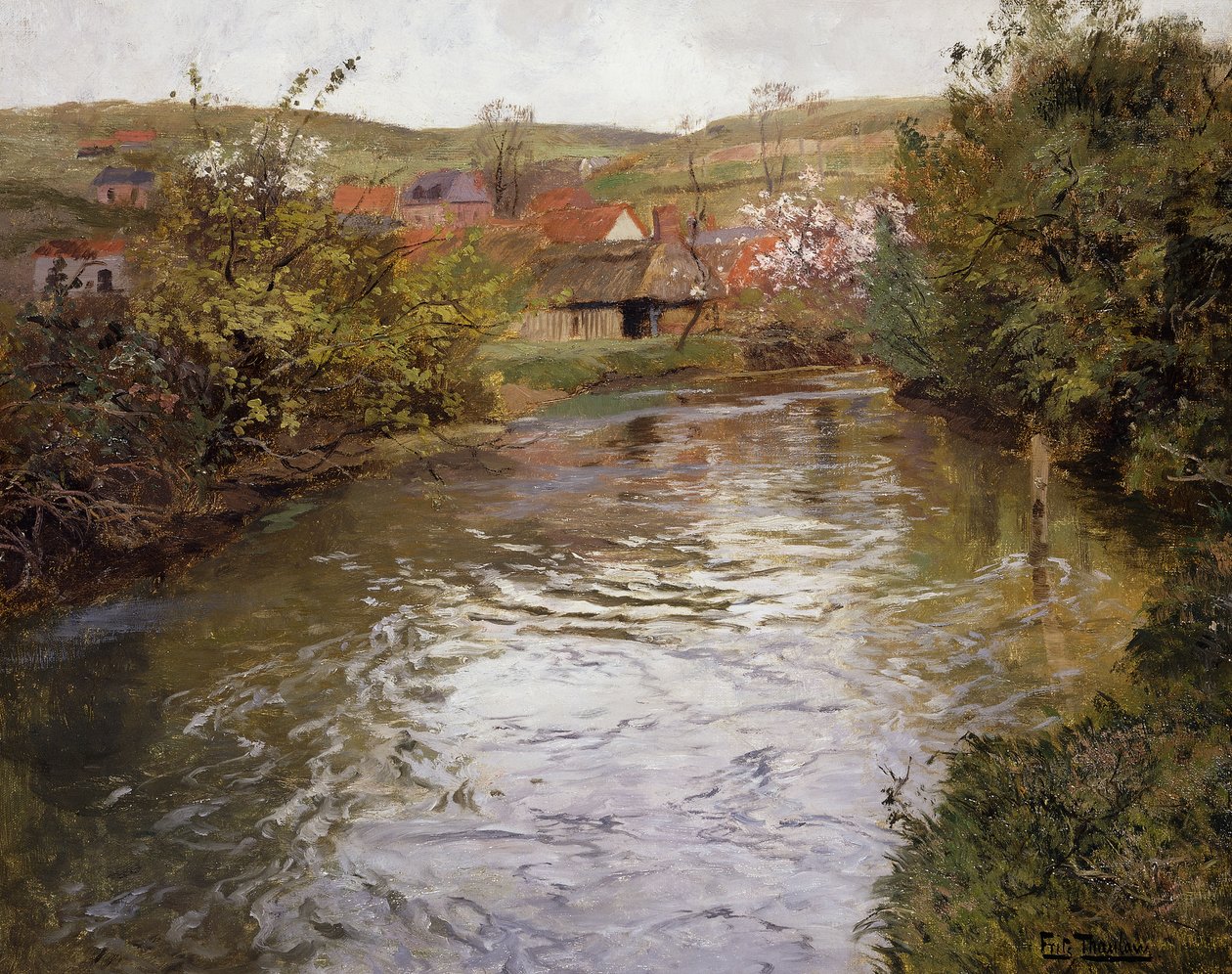 Bondgårdar på stranden av en bäck, av Frits Thaulow