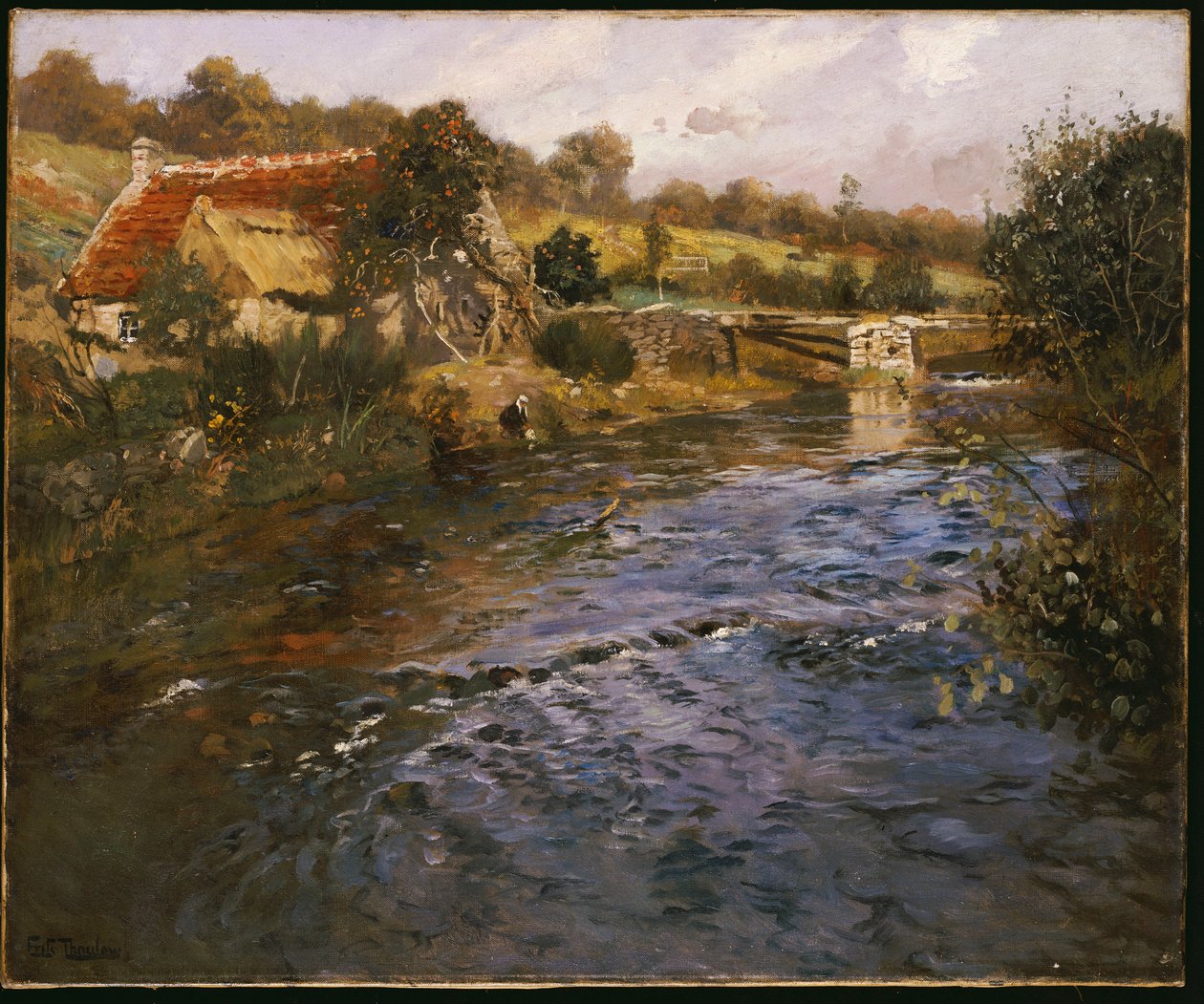 Flodlandskap med en tvättkvinna av Frits Thaulow