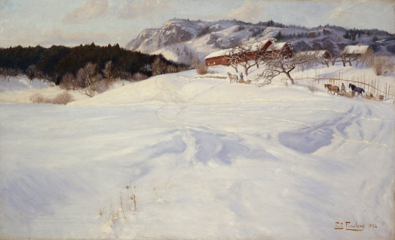 Snöplats med pulka, Fleskum av Fritz Thaulow