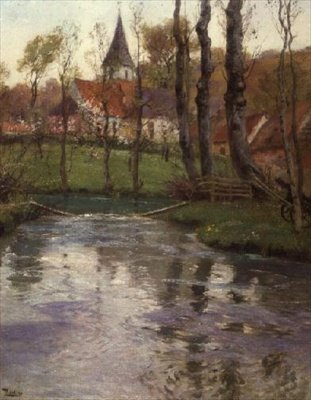 Den gamla kyrkan vid floden av Fritz Thaulow