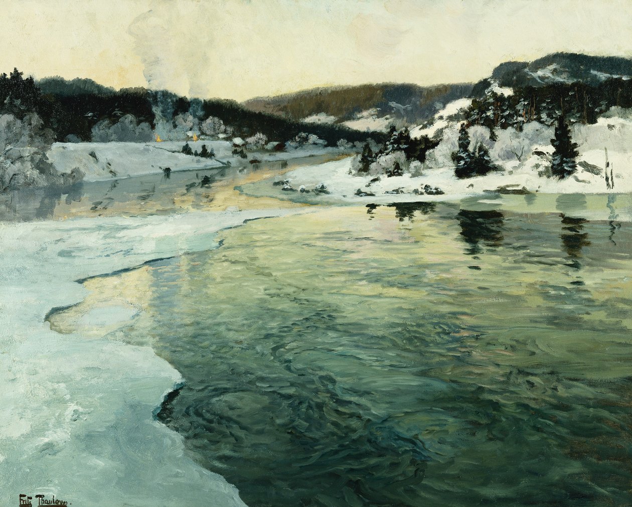 Vinter vid Mesnafloden nära Lillehammer, ca. 1905-06 av Frits Thaulow