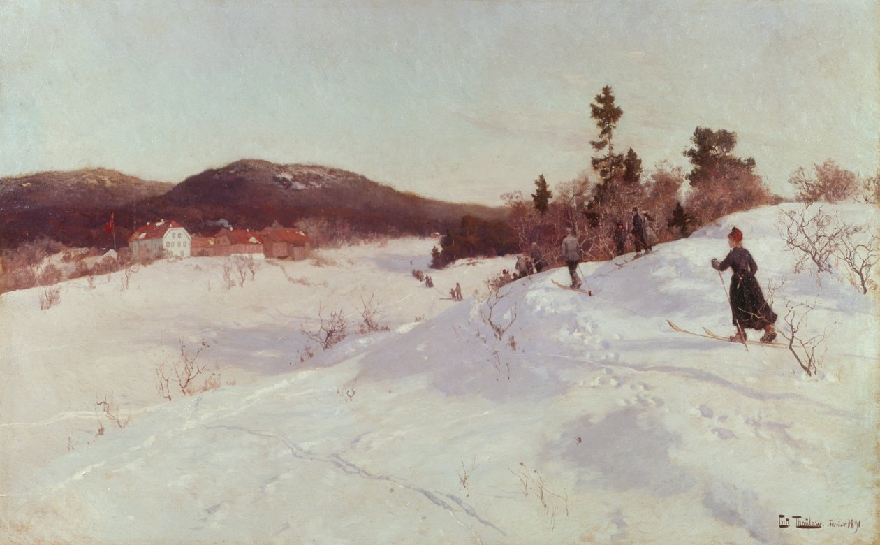 Vinter med skidåkare av Fritz Thaulow