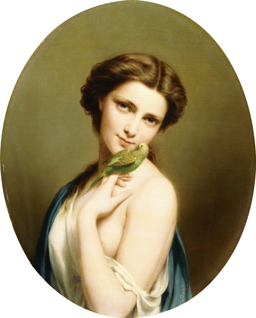 En ung skönhet med en parakit, av Fritz Zuber Buhler