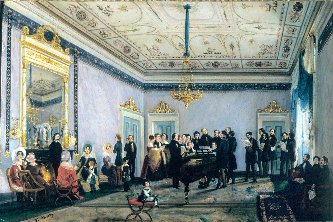 Konsert i Brancas hus (salong eller möte för musikvärldens personligheter i Milano), 1839 av Fulvia Bisi
