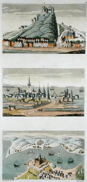Skandinaviska hamnar (Uppifrån och ned: Köpenhamn, Segeburgs fästning och Sunds fästning) c.1800-15, plåt 50 från 