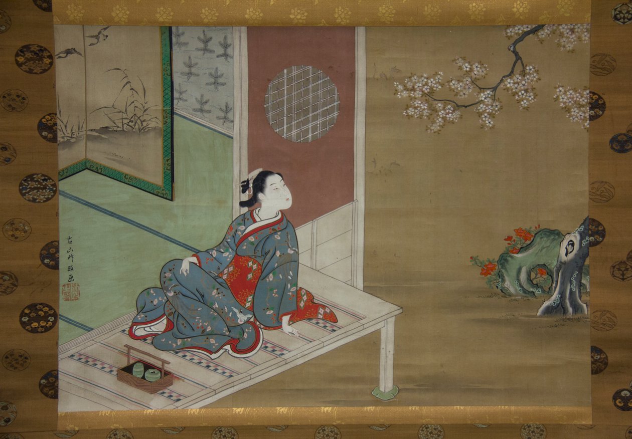 Kurtisan vilar på verandan, 1700-talet. av Furuyama Moromasa
