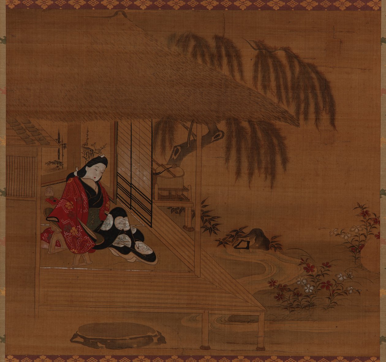 Trädgård, interiör och sittande flicka, Edo-perioden, 1615-1868. av Furuyama Moroshige