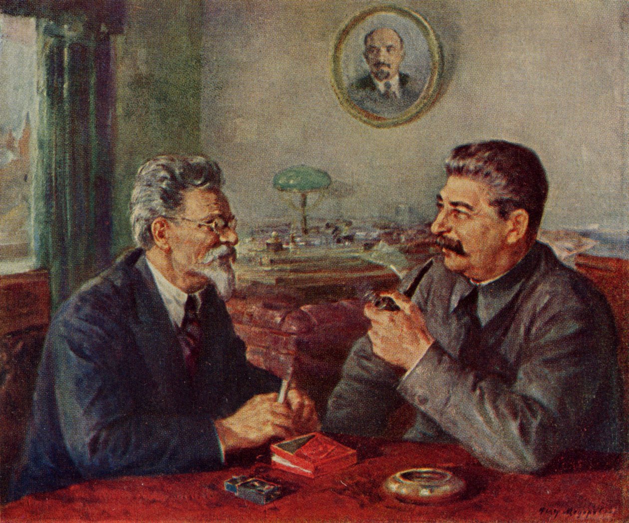 Josef Stalin (1879-1953)  Michail Ivanovitj Kalinin (1875-1946) av Fyodor Alexandrovich Modorov