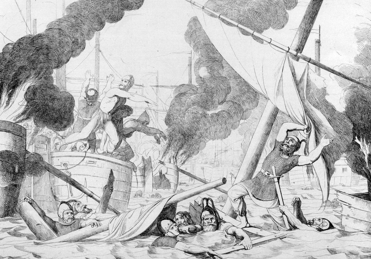 Grekisk brand under belägringen av Konstantinopel, före 1839 av Fyodor Antonovich Bruni