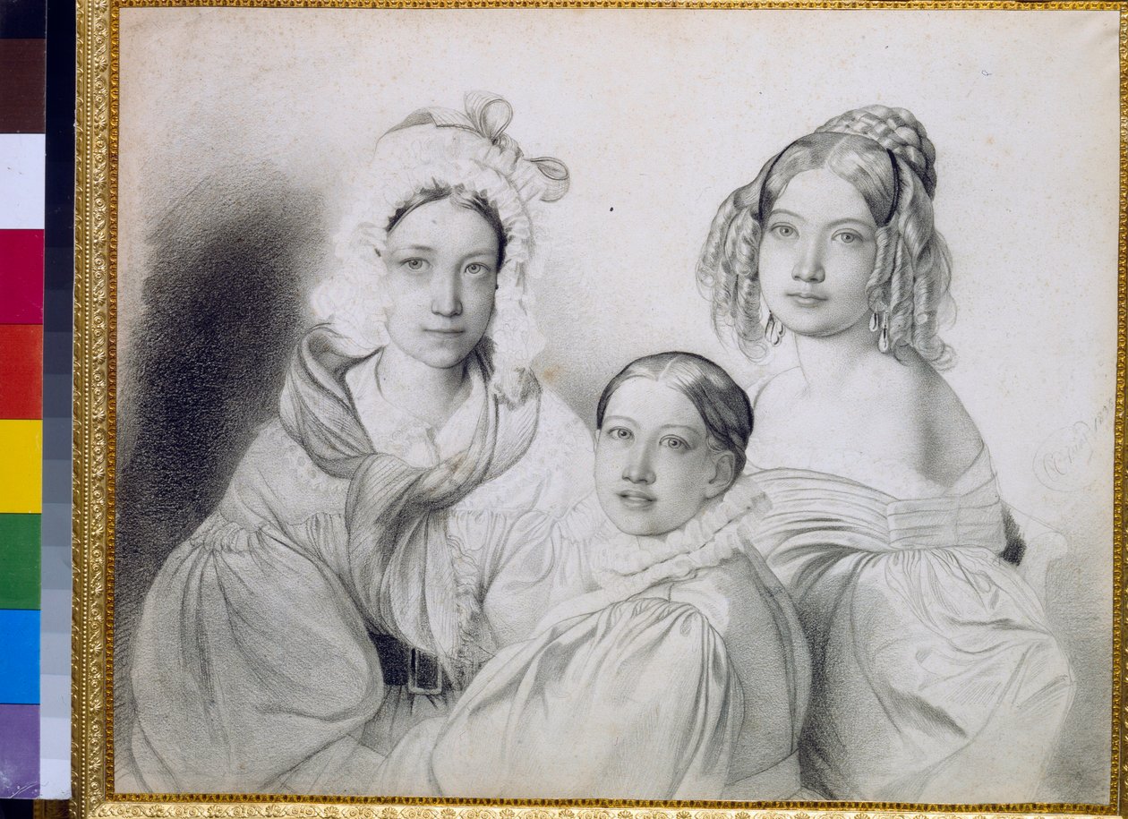 Porträtt av grevinnorna Praskovia (1817-1835), Nadezhda (1822-1840) och Maria (1813-1849), döttrar till den ryske prinsen Piotr Viazemski (Pierre Wiazemsky) (1792-1878) - Teckning av Feodor (Fidelio) 1799-1875) av Fyodor Bruni