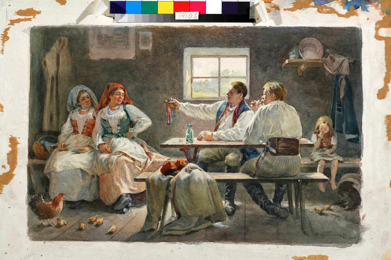 Förföraren: en man pekar på en av de två unga bondekvinnorna som sitter bredvid bordet där han sitter - Verk av Fyodor Fyodorovich Buchholz (Feodor Feodorovich Bukholts, Teodor Buchholz) (1857-1942) av Fyodor Buchholz