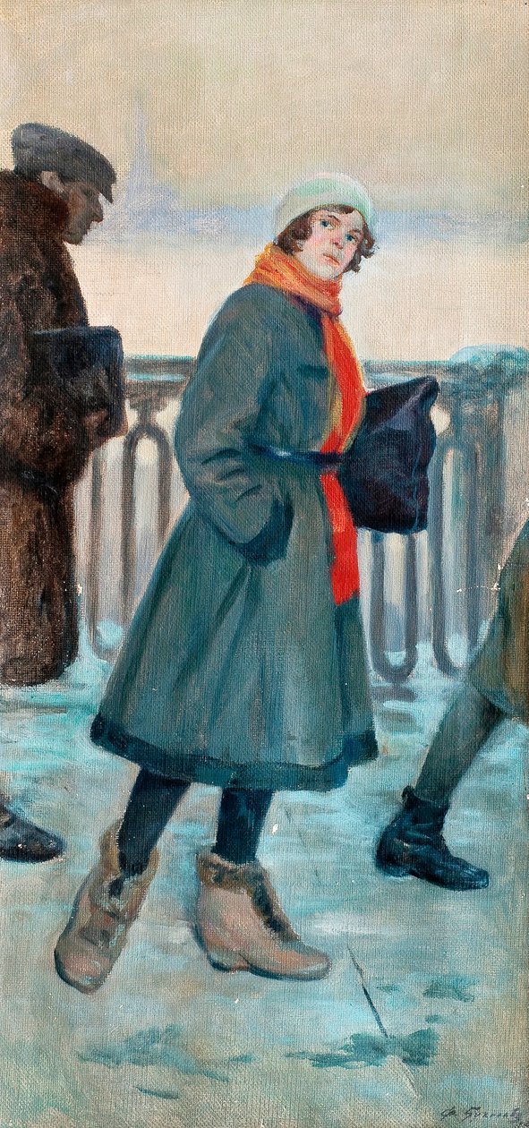 ""På väg till jobbet"" En kvinna på väg till jobbet (Vägen till jobbet) Målning av Fyodor Buchholz (1857-1942) Olja på duk 1926 Dim 71x34 cm Privat samling av Fyodor Buchholz