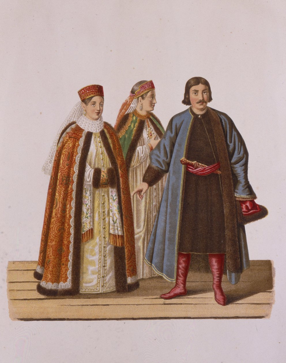Kläder för de ogifta Boyars döttrar vid Peter I:s tid Från serien Clothing of the av Fyodor Grigoryevich Solntsev