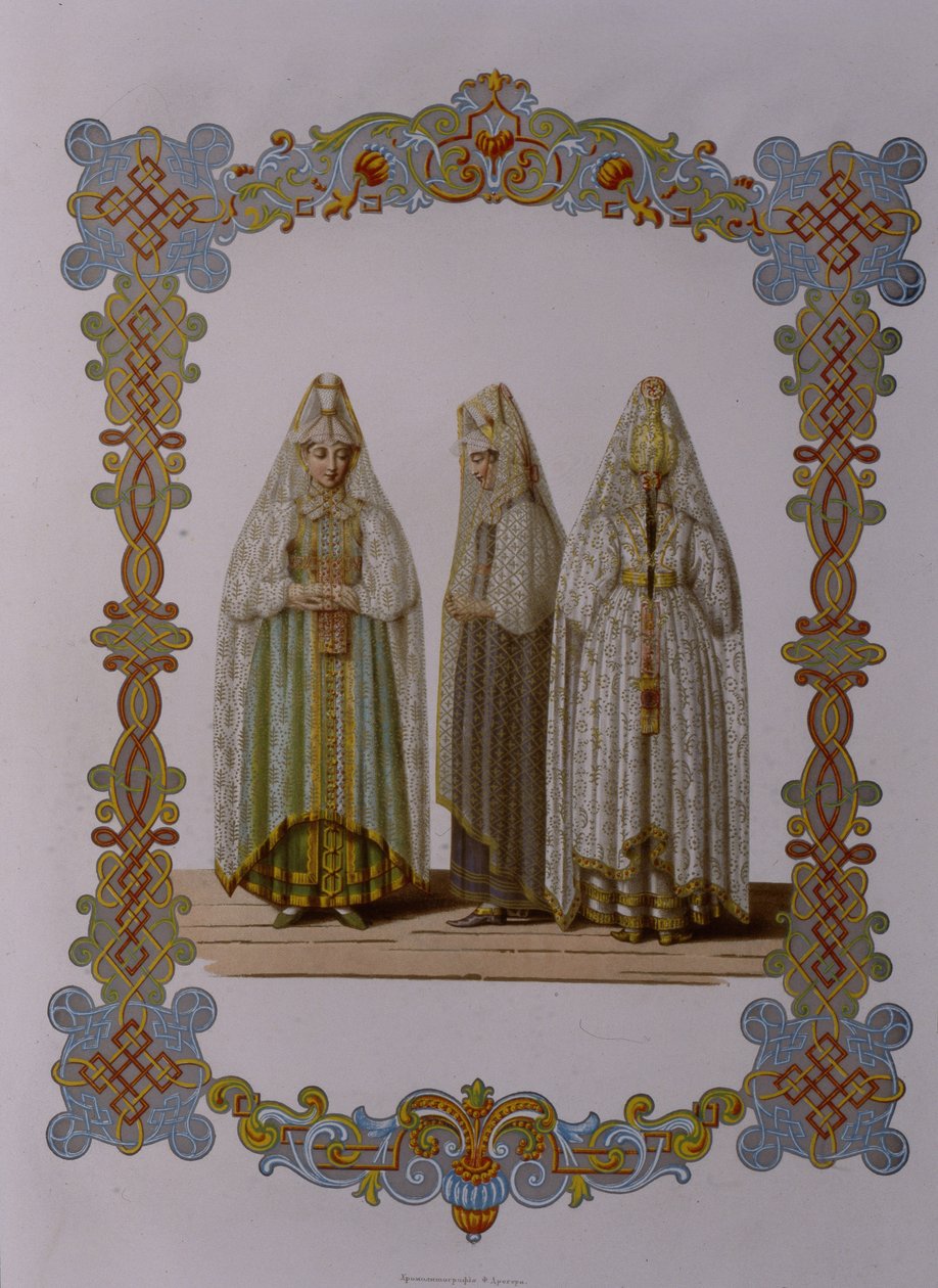 Maidens kostymer från Torzhok Från serien Clothing of the Russian State, 1851 av Fyodor Grigoryevich Solntsev