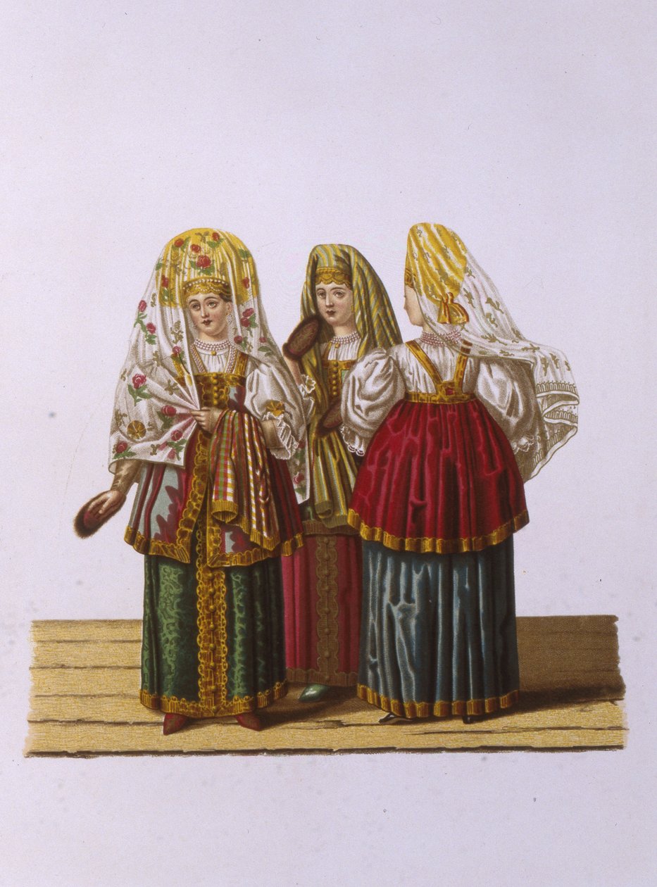 Dräkter av kvinnor och jungfrur från Tver Från serien Clothing of the Russian State, 1851 av Fyodor Grigoryevich Solntsev