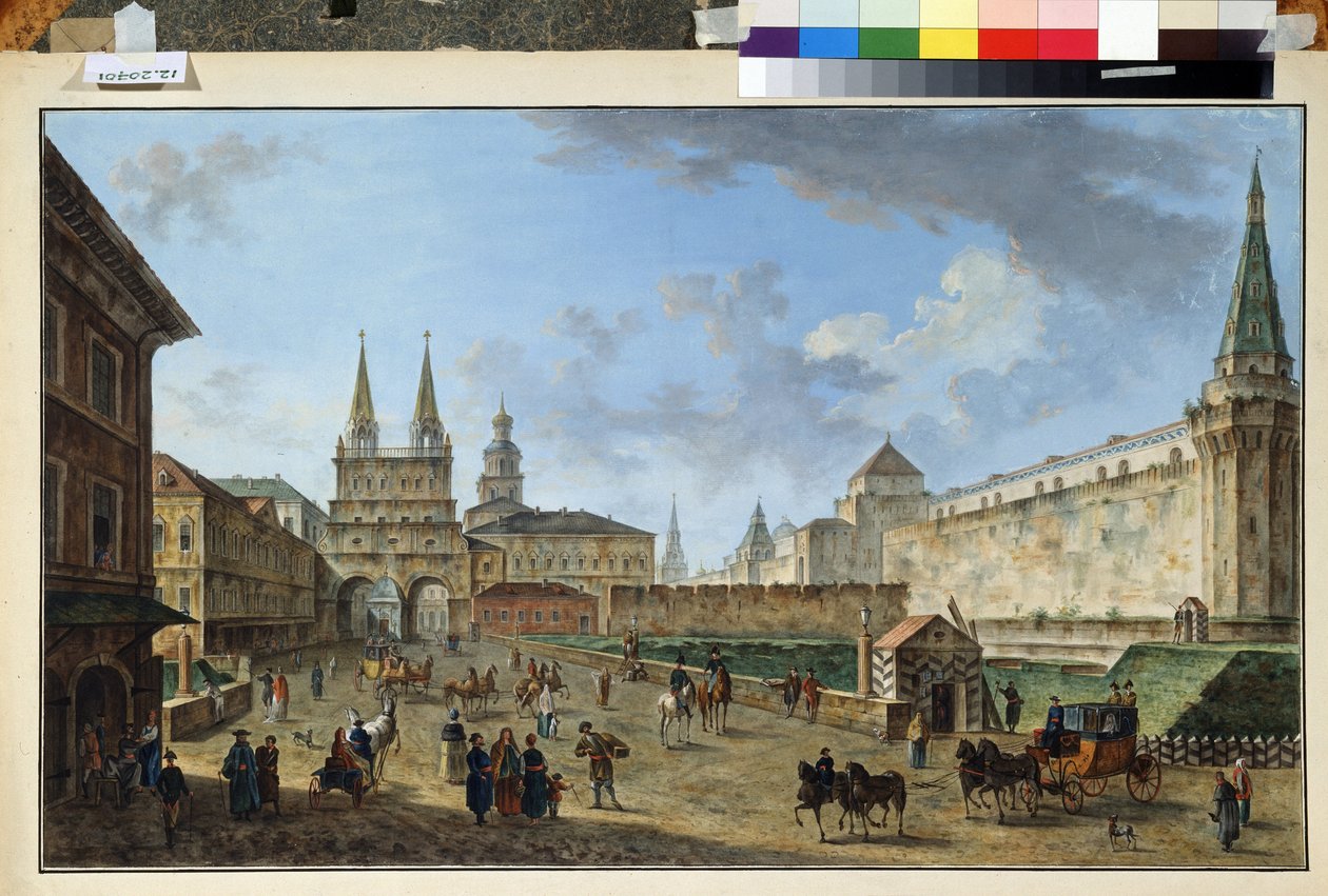 Moskva, utsikt över uppståndelsesporten vid Röda torget. Målning av Fjodor Yakovlevich Alexeev (1753-1824). Akvarell och gouache på papper, 58,2 x 91,2 cm, ca 1801. Rysk konst, klassicism. Museum av av Fyodor Yakovlevich Alexeev