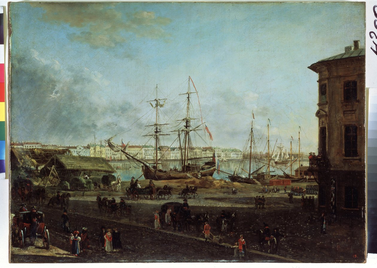 Vy över den engelska vallen från Vasilievsky island, Sankt Petersburg (Vy över den engelska vallen från Vasilievsky island). Målning av Fjodor Yakovlevich Alexeev (1753-1824). Olja på duk, 53 x 72,5 cm av Fyodor Yakovlevich Alexeev