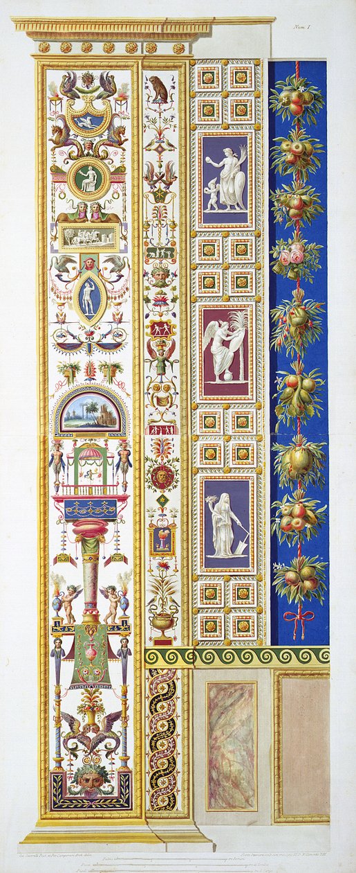 Panel från Rafaels loggia i Vatikanen, från "Delle Loggie di Rafaele nel Vaticano", graverad av Giovanni Ottaviani (ca 1735-1808), publicerad ca 1772-77 (handkolorerad gravyr). av G. and Camporesi, P. Savorelli
