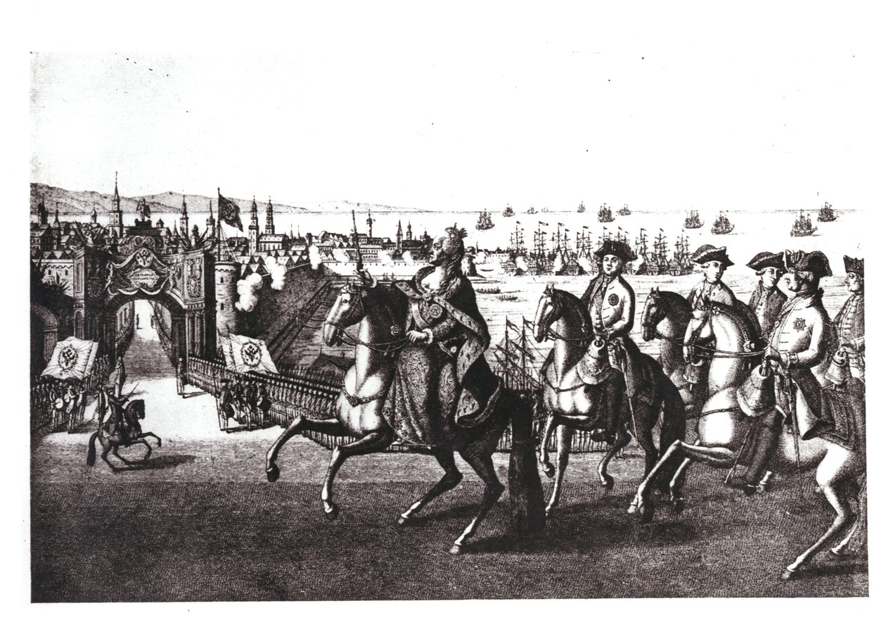 Katarina II (1729-96) den stora, ridande in i en av hamnarna på Krim som fångats av turkarna av G. Baltazar