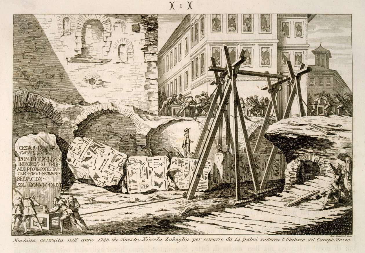 Anordningen som uppfanns av Nicola Zabaglia 1748 för att lyfta obelisken på Campus Martius som var 14 händer under marken av G. Balzar