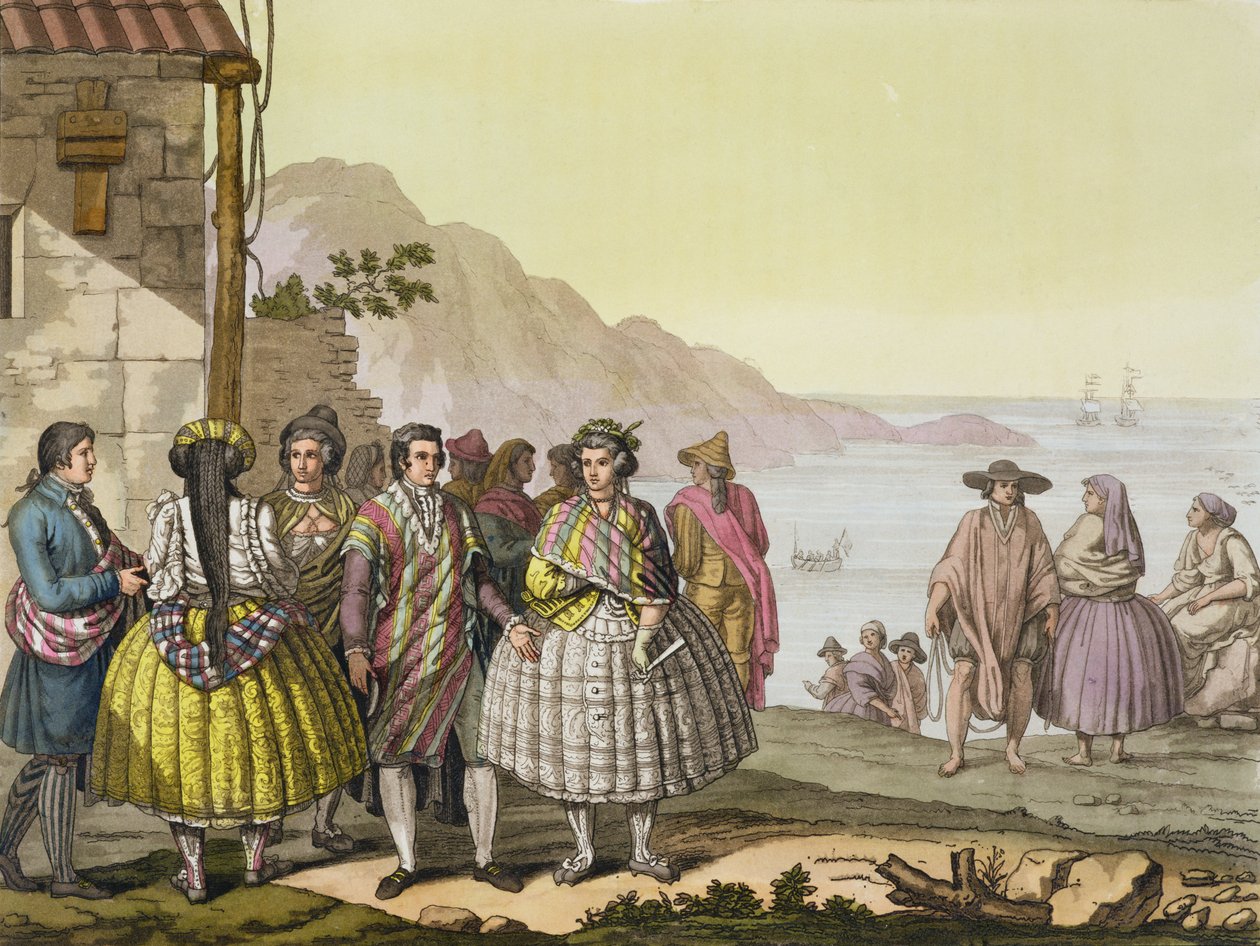Män och kvinnor i utsmyckade dräkter, Chile, från "Le Costume Ancien et Moderne", volym II, tavla 27, av Jules Ferrario, graverad av Paolo Fumagalli, publicerad på 1820-30-talen. av G. Bramati