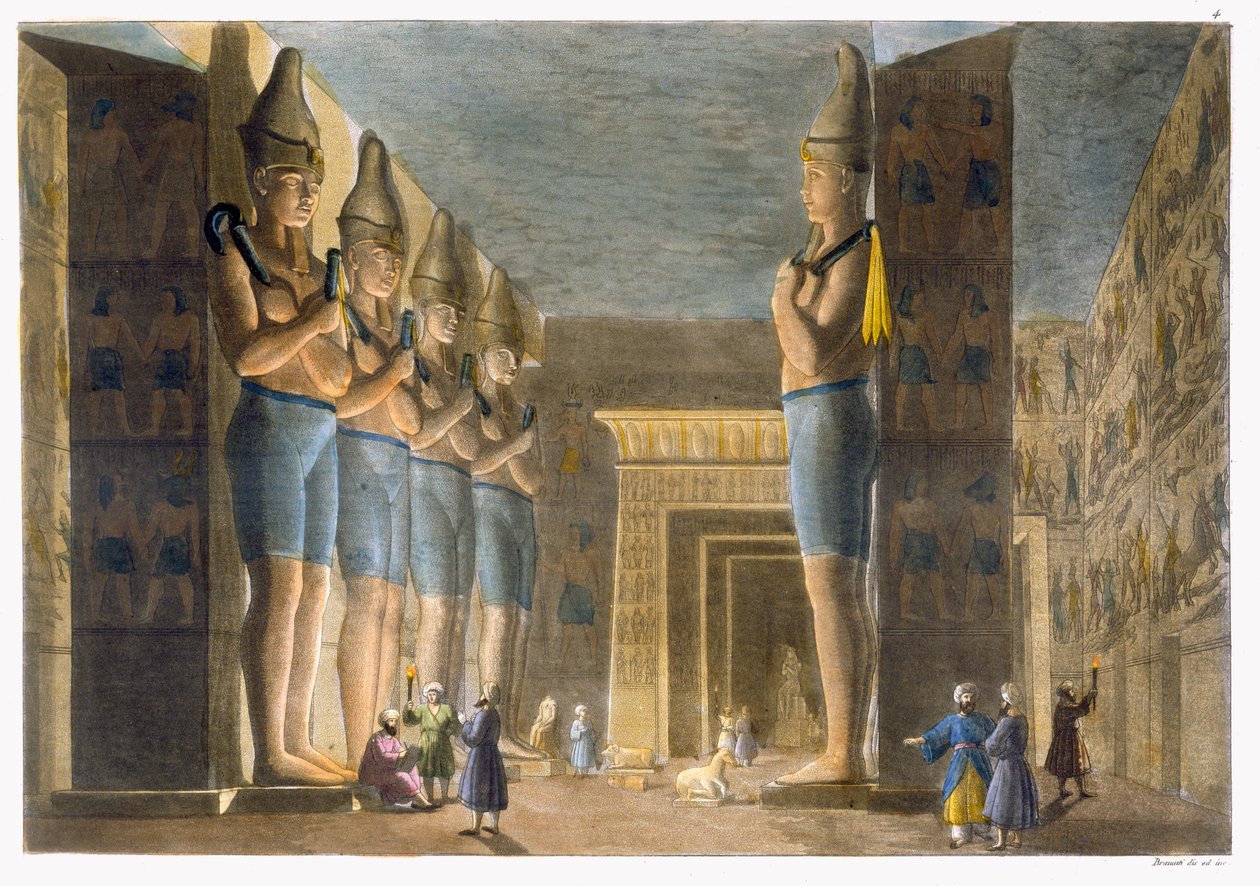 Ramesses II:s tempel (1279-13 f.Kr.) Abu Simbel, Egypten, platta 4 från "Le Costume Ancien et Moderne" av Jules Ferrario, publicerad på 1820-30-talen. av G. Bramati
