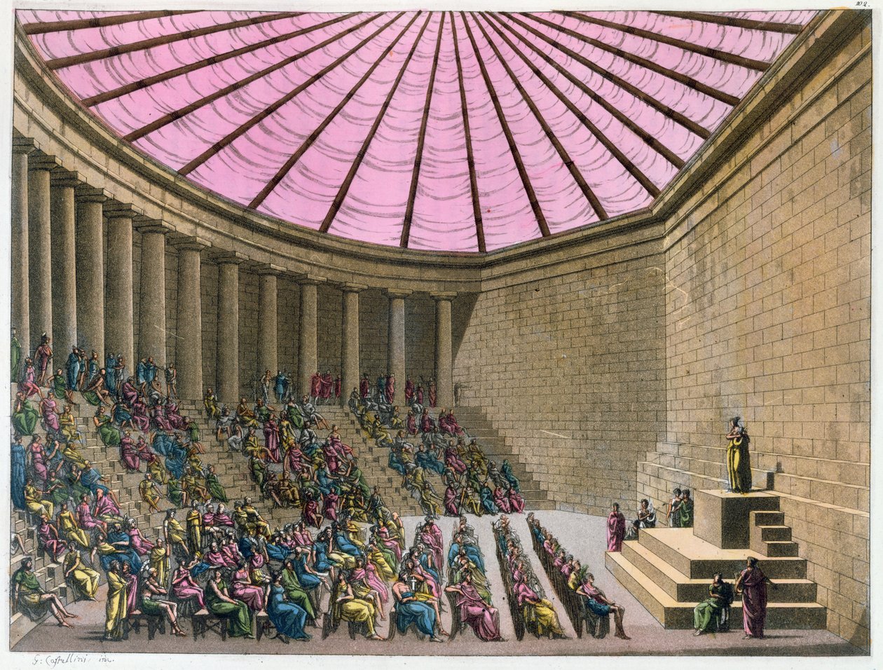 Odeon på Perikles tid, illustration ur "Il Costumo Antico e Moderno" av Giulio Ferrario, Milano, 1815-1834 (handkolorerat gravyr). av G. Castellini