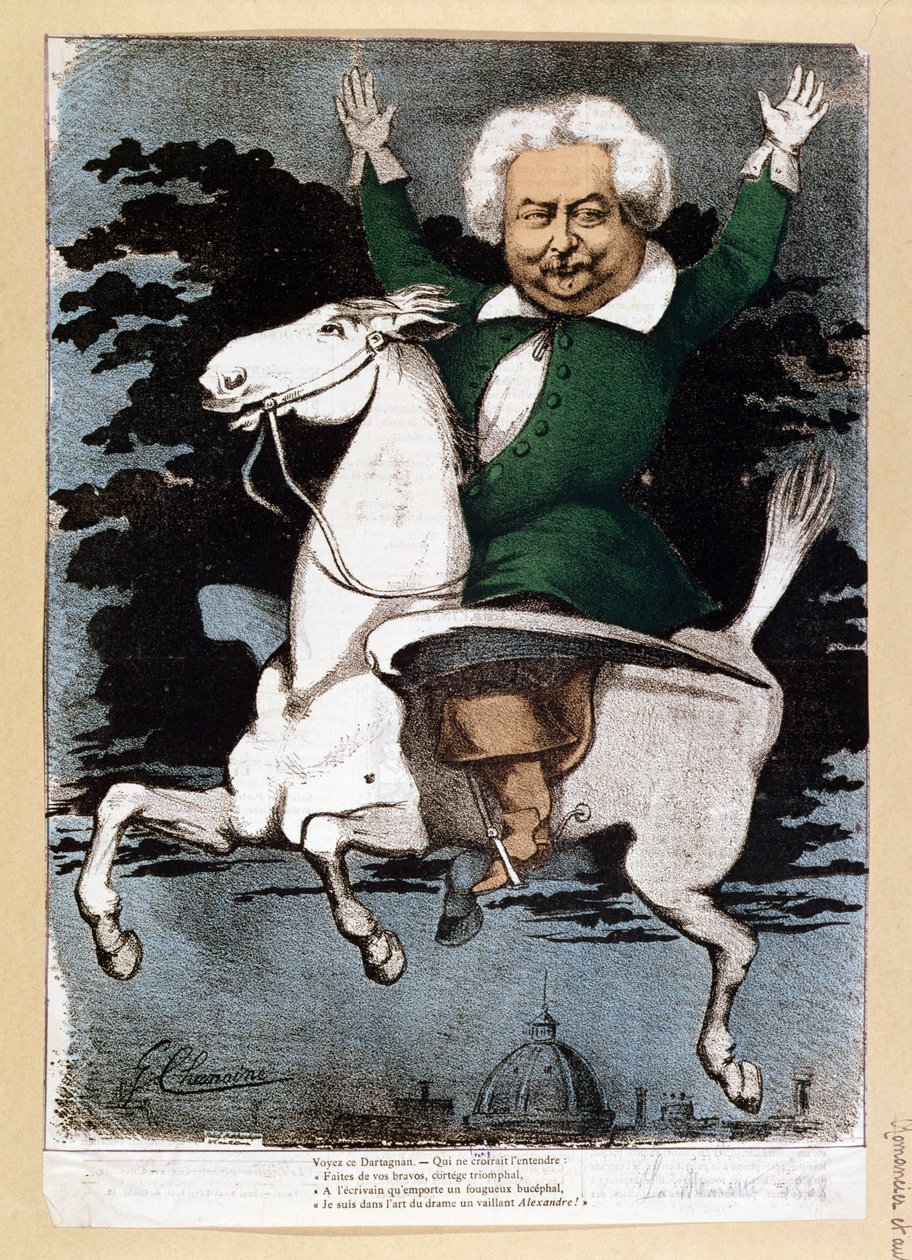 Karikatyr av Alexandre Dumas pere (1803-70) som musketör, illustration från La Marotte, 1868 av G. Chanoine