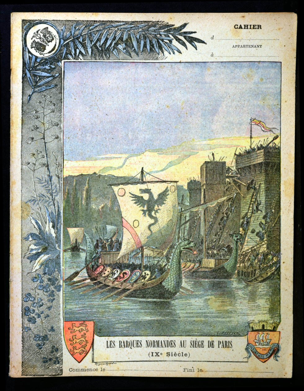 Normandiska fartyg som belägrar Paris, illustration från ett omslag till en skolbok, slutet av 1800-talet. av G. Dascher