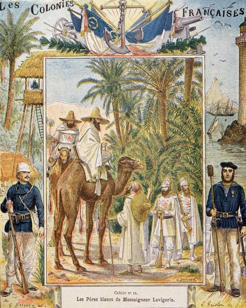 The White Fathers of Cardinal Lavigerie i Afrika, omslag till en skolbok, graverad av L. Geisler, ca 1880-90 av G. Dascher