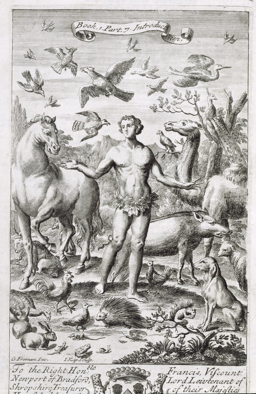 Adam i paradiset med djuren, illustration till inledningen av bok 1, del 7 av 