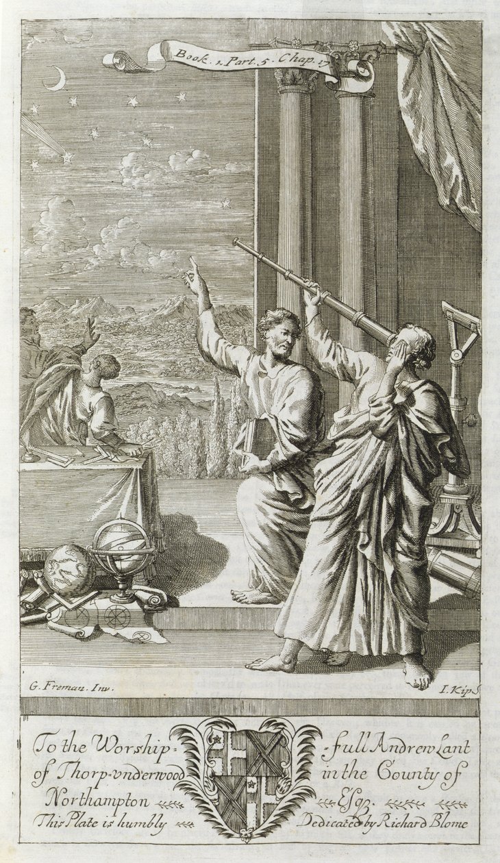 Grekisk astronom studerar stjärnorna, illustration från bok 1, del 5, kapitel 17 i "Filosofins principer" av Anthony Le Grand, gravyr av Johannes Kip (16523-1722), 1694. av G Freman