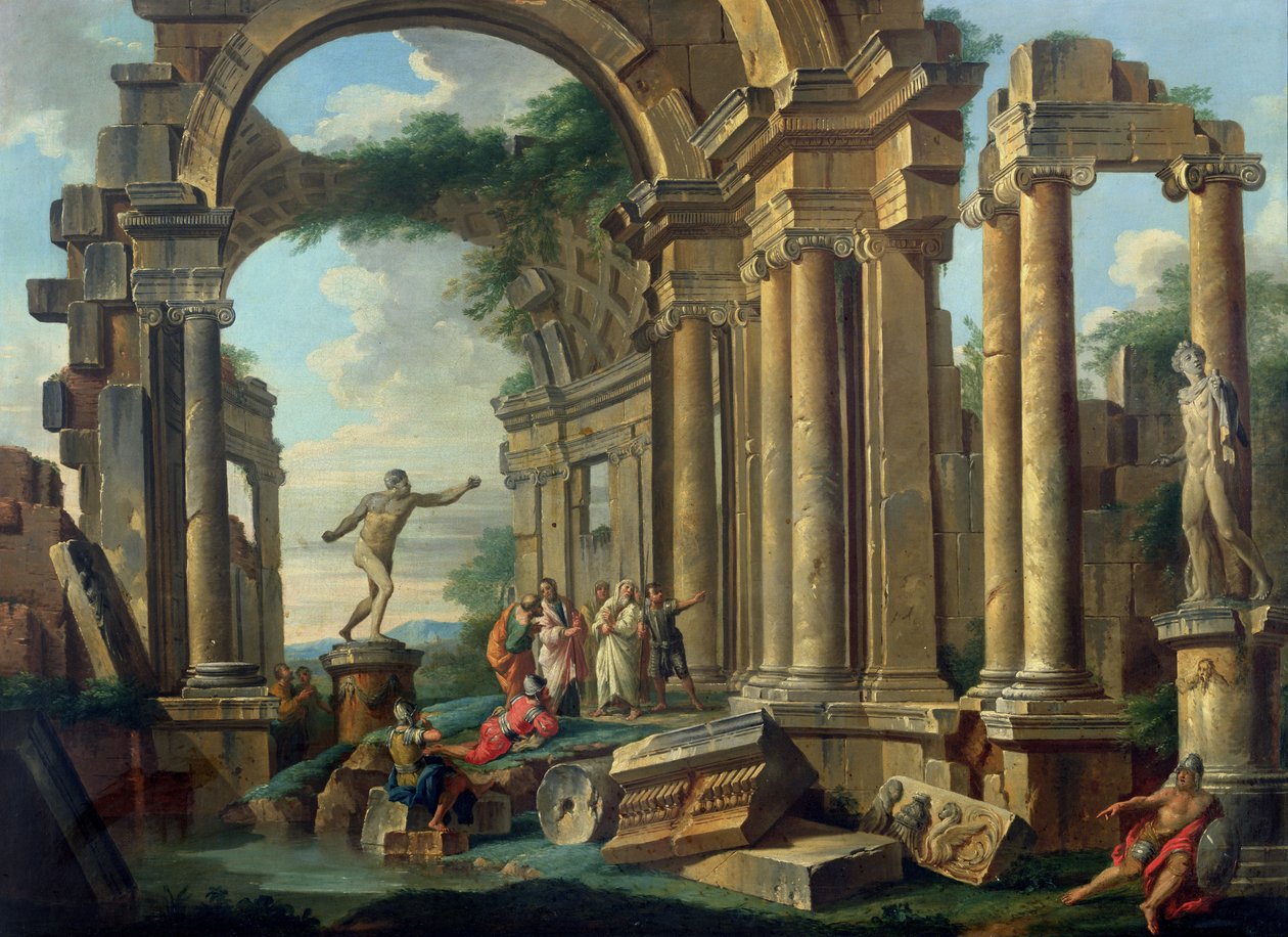 En arkitektonisk Capriccio med statyer av krigaren Agasias och Apollo Belvedere av Giovanni Paolo Pannini