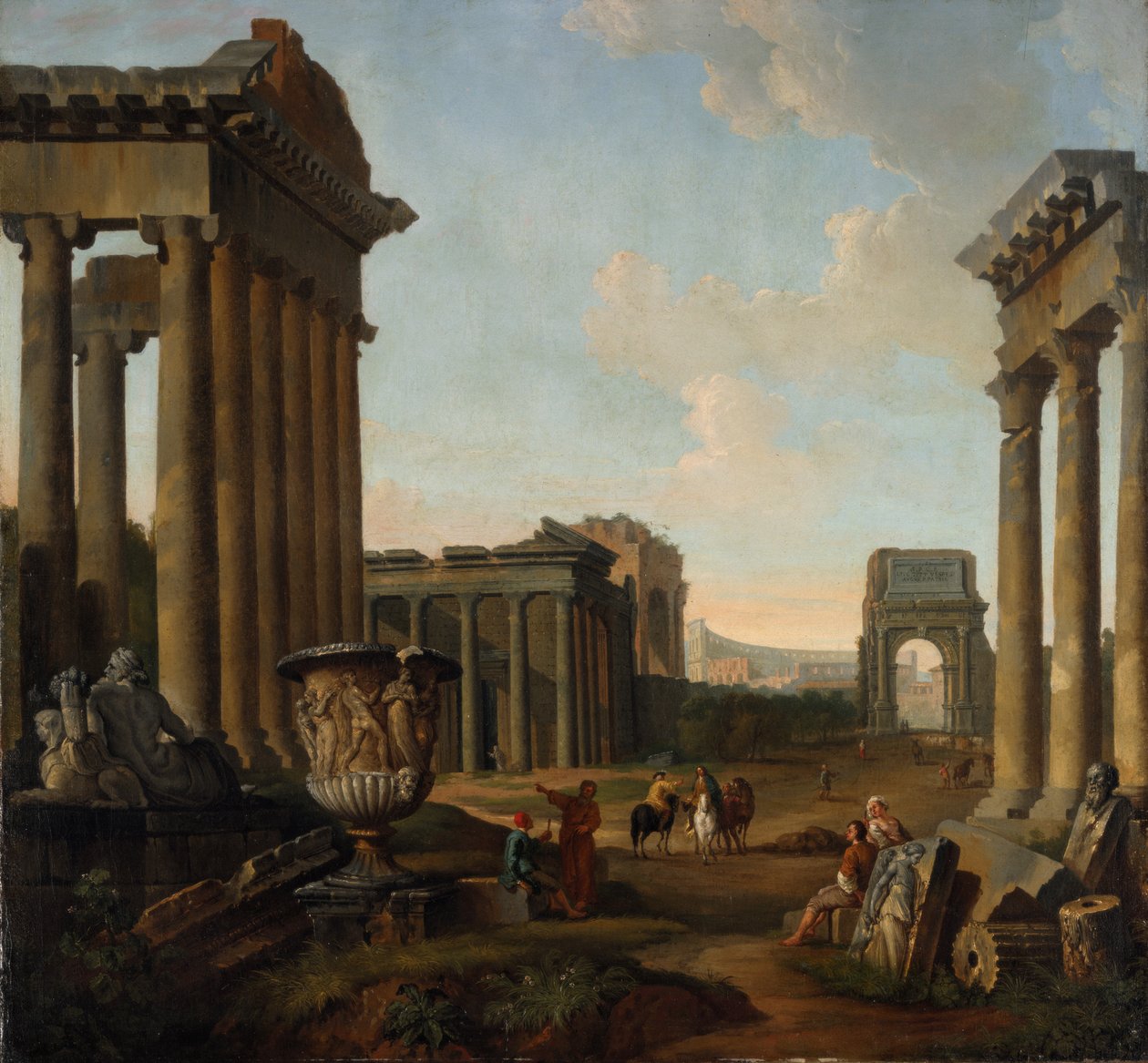 Figurer mitt i en Capriccio av ruiner av Giovanni Paolo Pannini